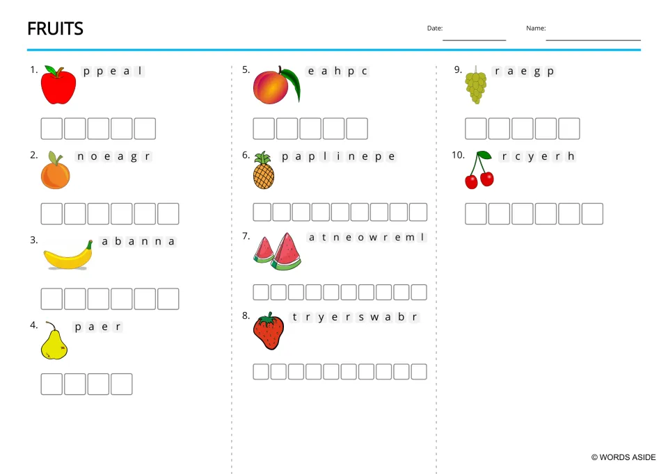 Fruit anagram practice with a FRUITS heading and lowercase scrambled names for apple, orange and eight more