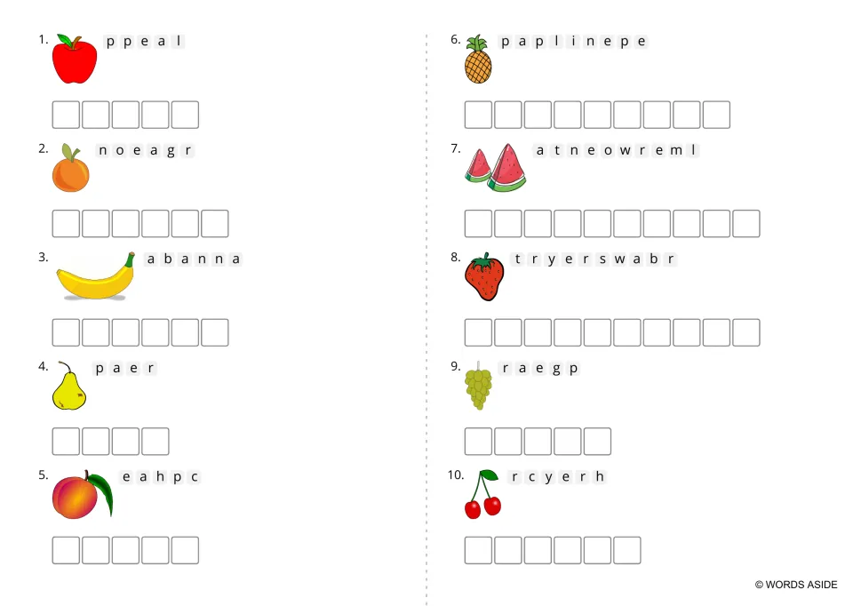 Fruit anagram practice without a heading, using lowercase scrambled names for apple, pear and eight more