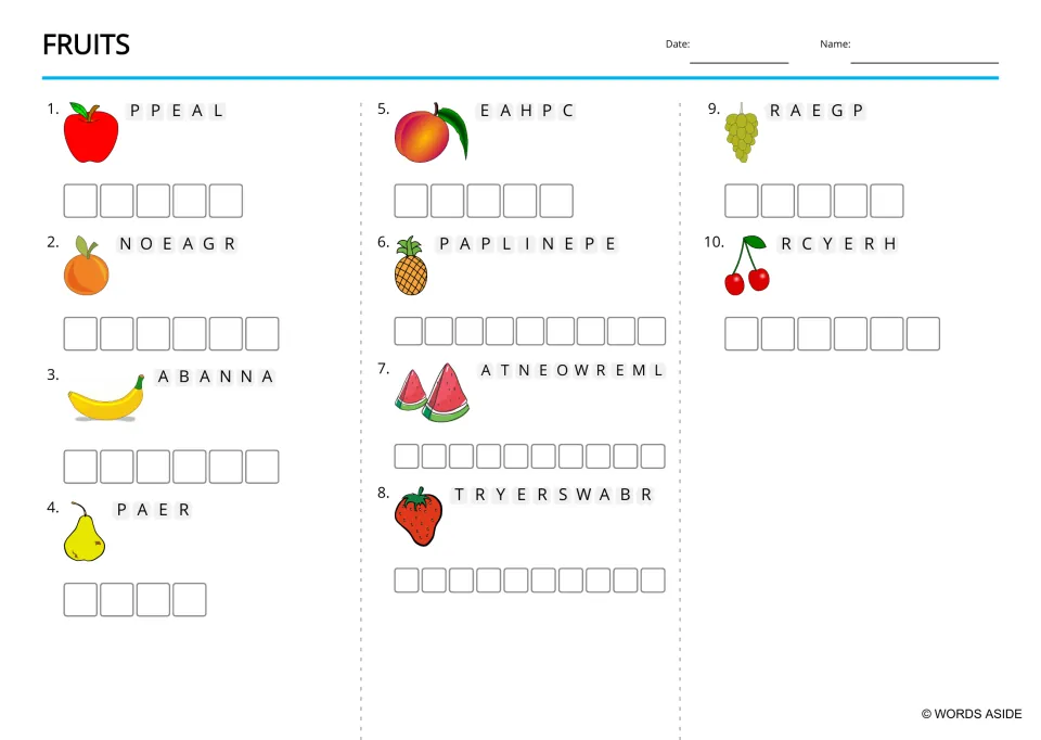 Fruit anagram practice with a FRUITS heading and uppercase scrambled names for peach, banana and eight more