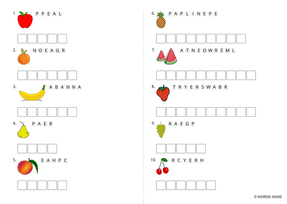 Fruit anagram practice without a heading, using uppercase scrambled names for peach, grape and eight more