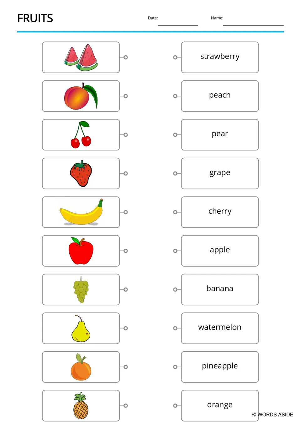 Fruit matching practice with a FRUITS heading, ten pictures and lowercase names including strawberry and peach