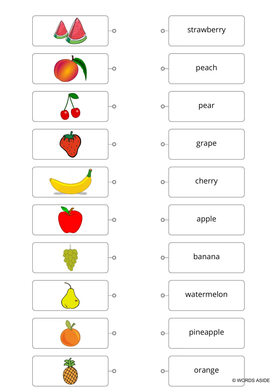 Fruit matching practice without a heading, pairing ten pictures with lowercase names including pear and grape