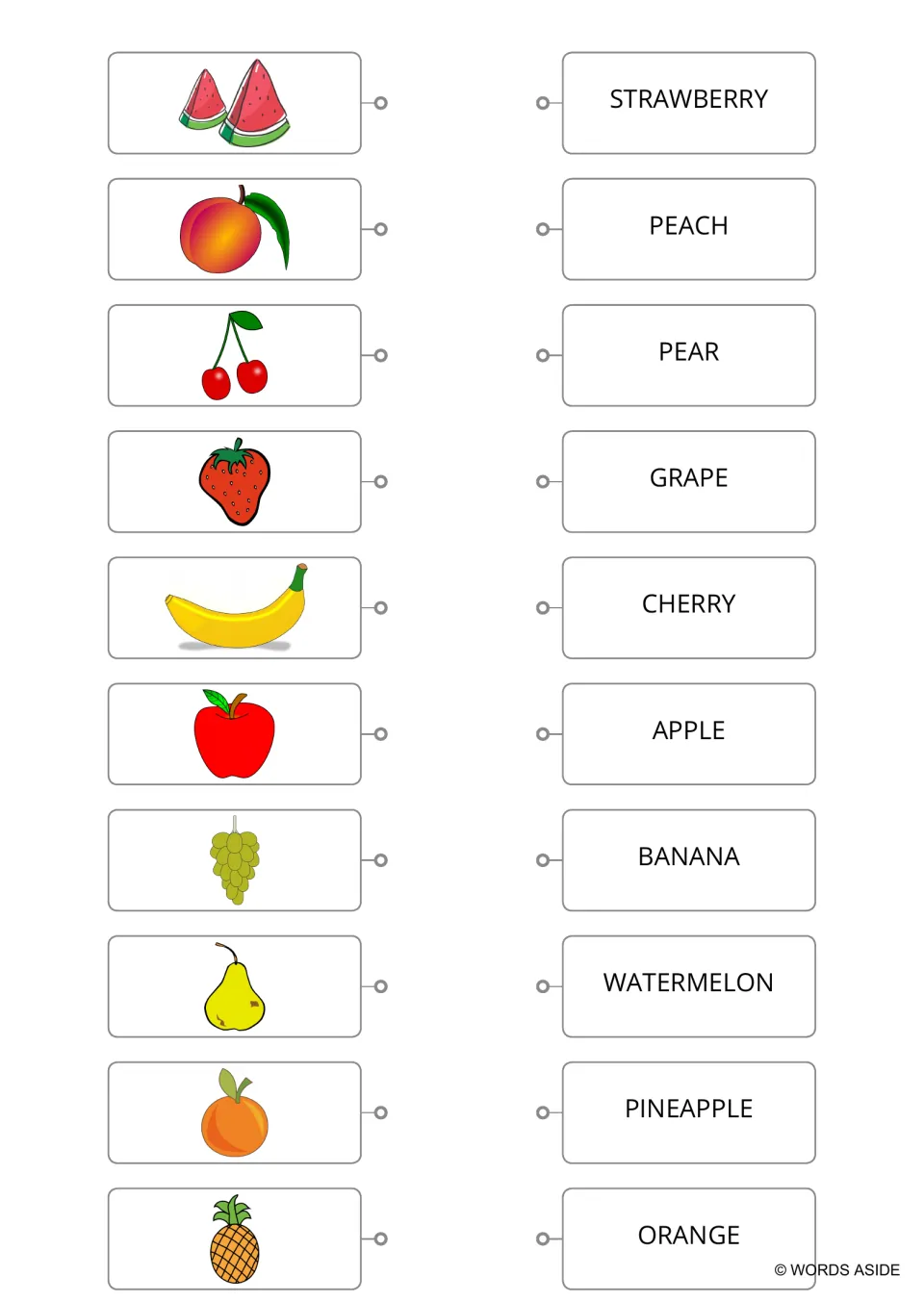 Fruit matching practice without a heading, pairing ten pictures with uppercase names including BANANA and ORANGE