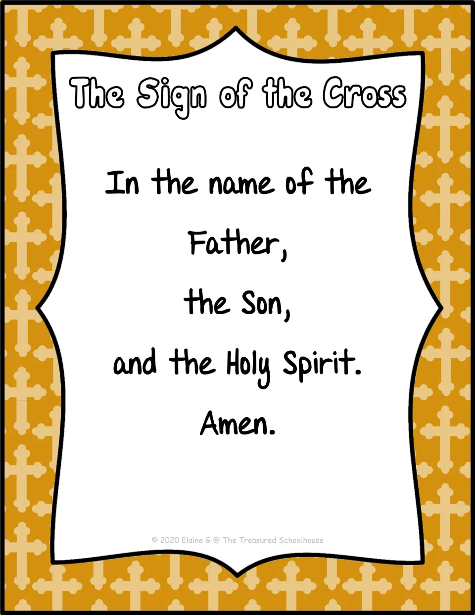 The Sign of the Cross prayer poster: 'In the name of the Father, the Son, and the Holy Spirit. Amen.'