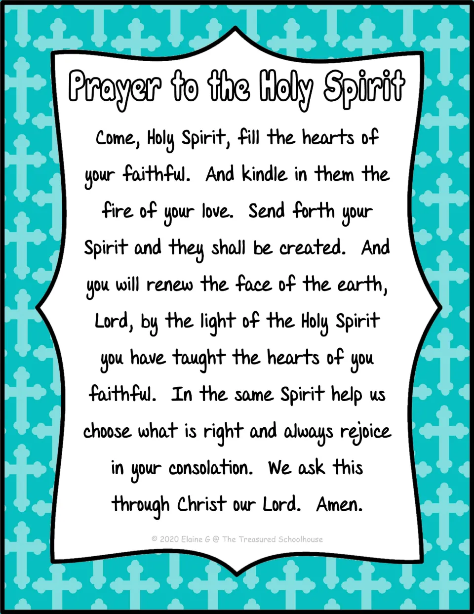 Prayer to the Holy Spirit poster asking the Spirit to fill faithful hearts and help them choose what is right