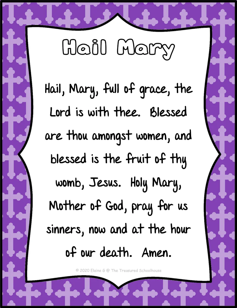 Hail Mary prayer poster beginning 'Hail, Mary, full of grace' and asking Mary to pray for sinners