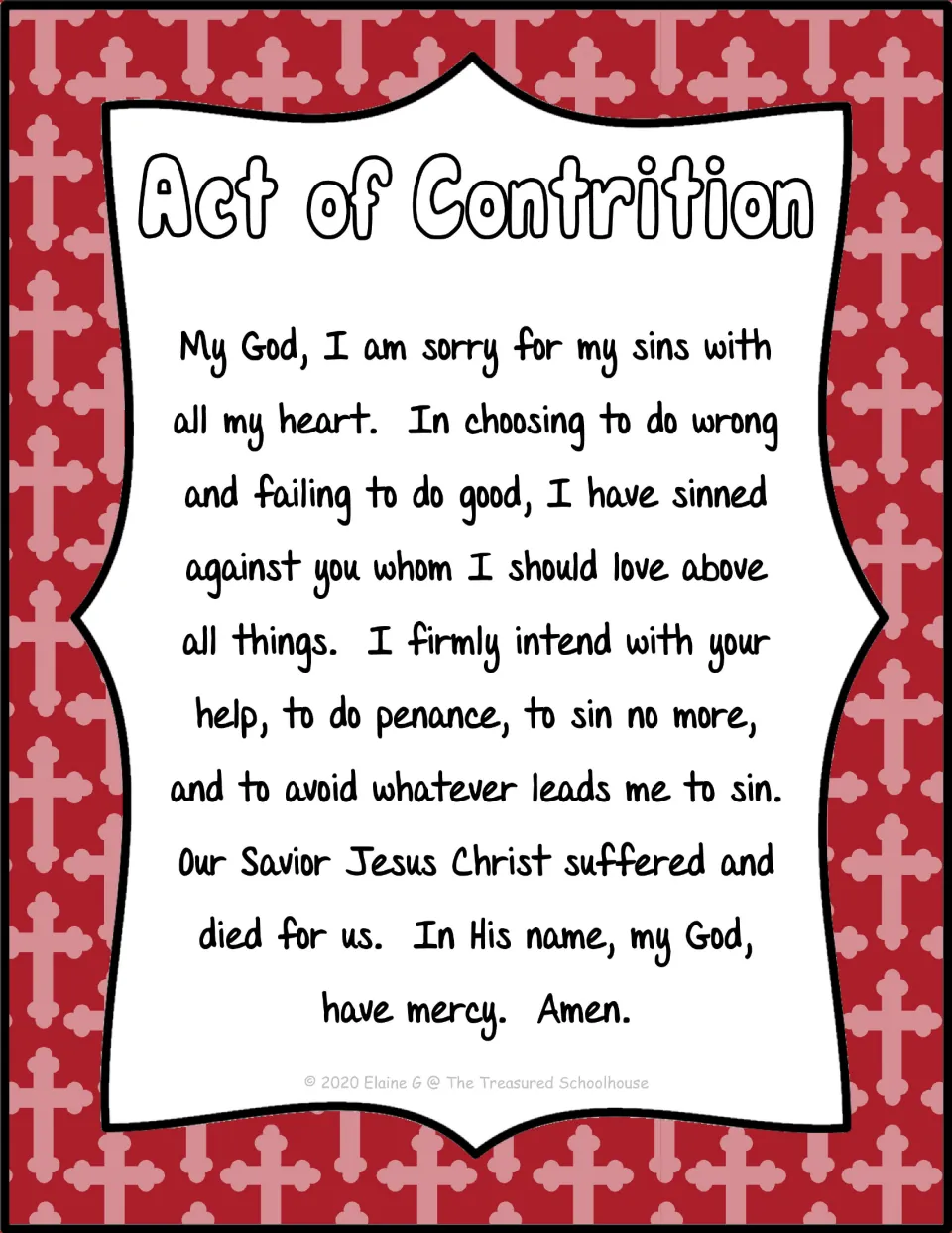 Act of Contrition prayer poster expressing sorrow for sins and the intention to do penance and sin no more