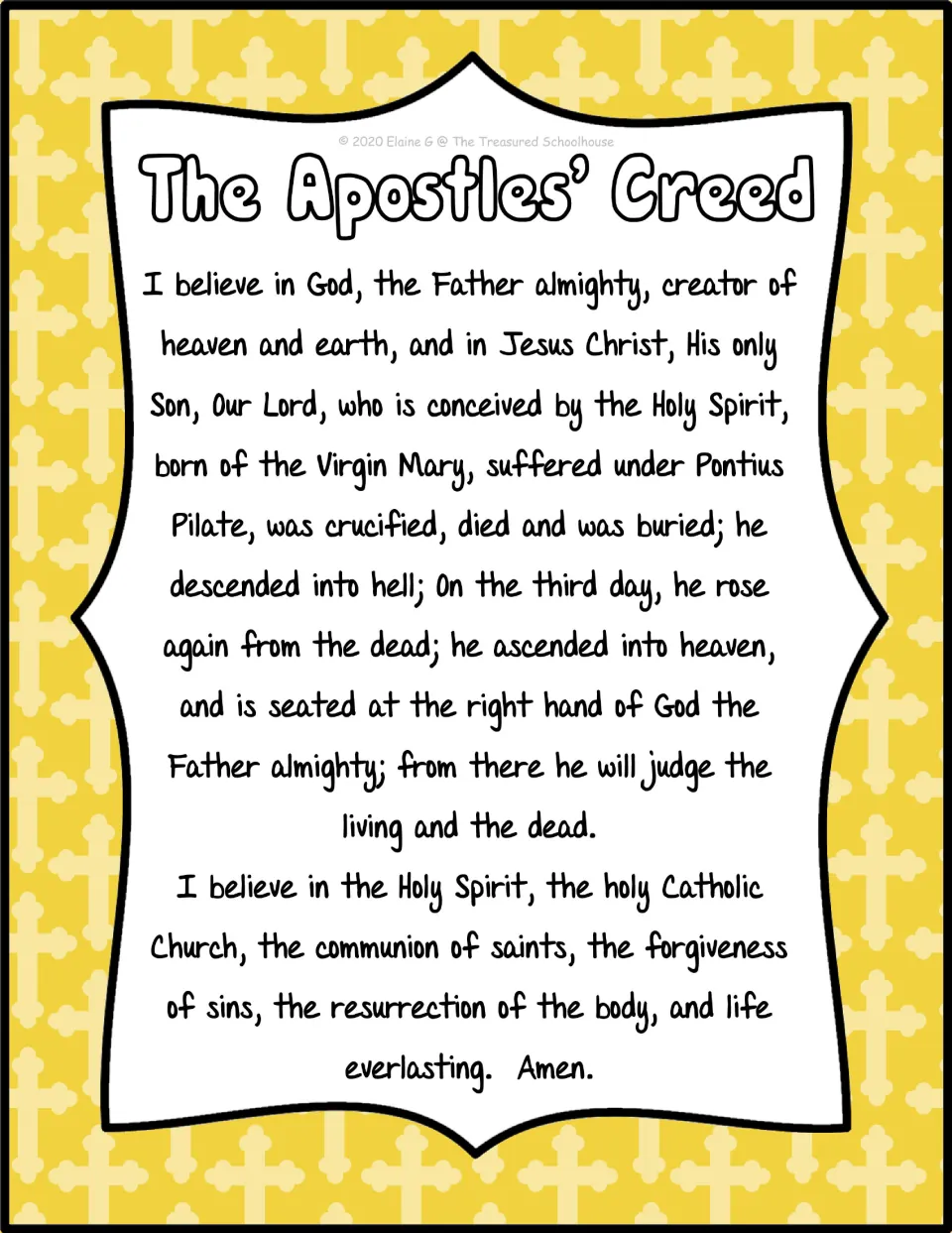 The Apostles' Creed poster declaring belief in God, Jesus Christ, the Holy Spirit, and the Catholic Church