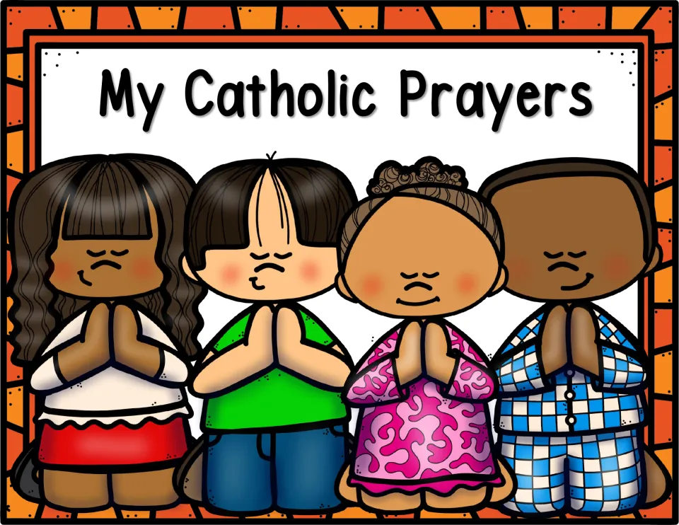 My Catholic Prayers cover showing four cartoon children kneeling with folded hands and closed eyes in prayer