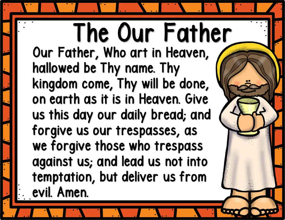 The Our Father prayer printed in full beside a cartoon Jesus holding a cup, for reading aloud and memorizing