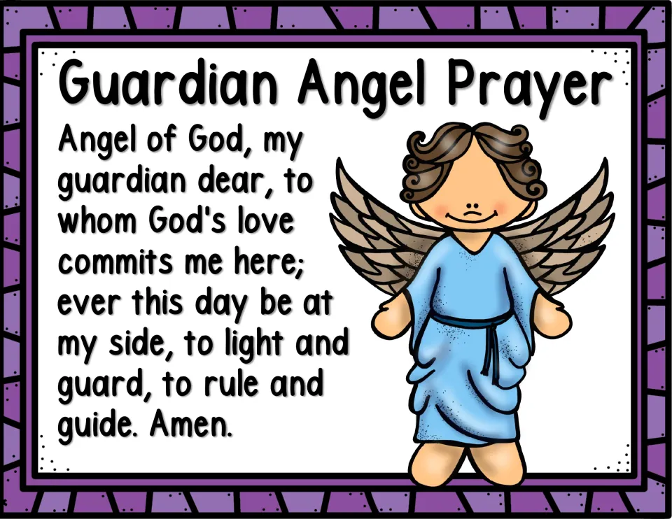 Guardian Angel Prayer text in full beside a smiling cartoon angel with brown wings and a light blue robe