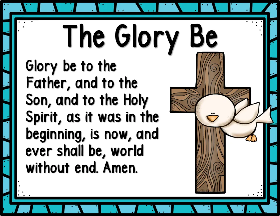 The Glory Be prayer text in full next to a wooden cross with a white dove perched on it, for reading and recall