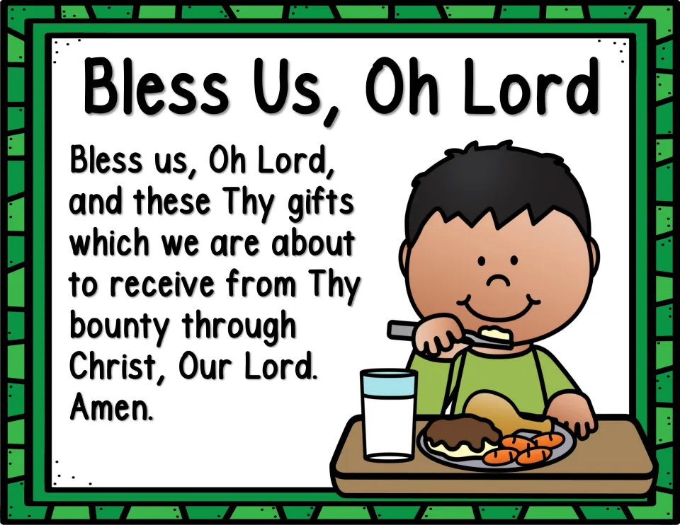 Bless Us, Oh Lord mealtime prayer in full beside a cartoon boy eating dinner with a glass of milk on a tray
