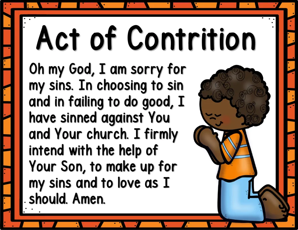 Act of Contrition prayer text in full beside a cartoon boy kneeling with folded hands and closed eyes
