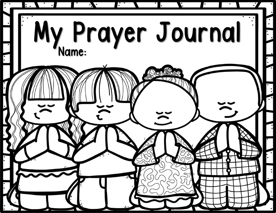 My Prayer Journal title page with a Name line; students write their name and can color four children praying
