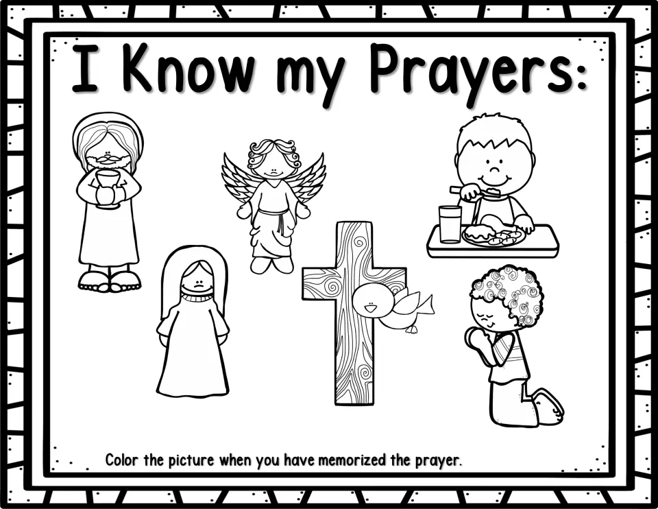 I Know my Prayers coloring page with six outline pictures, one per prayer; students color each once memorized