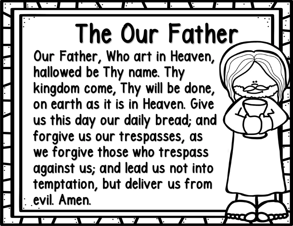 Black-and-white Our Father prayer text in full beside an outline figure of Jesus holding a cup, ready to color