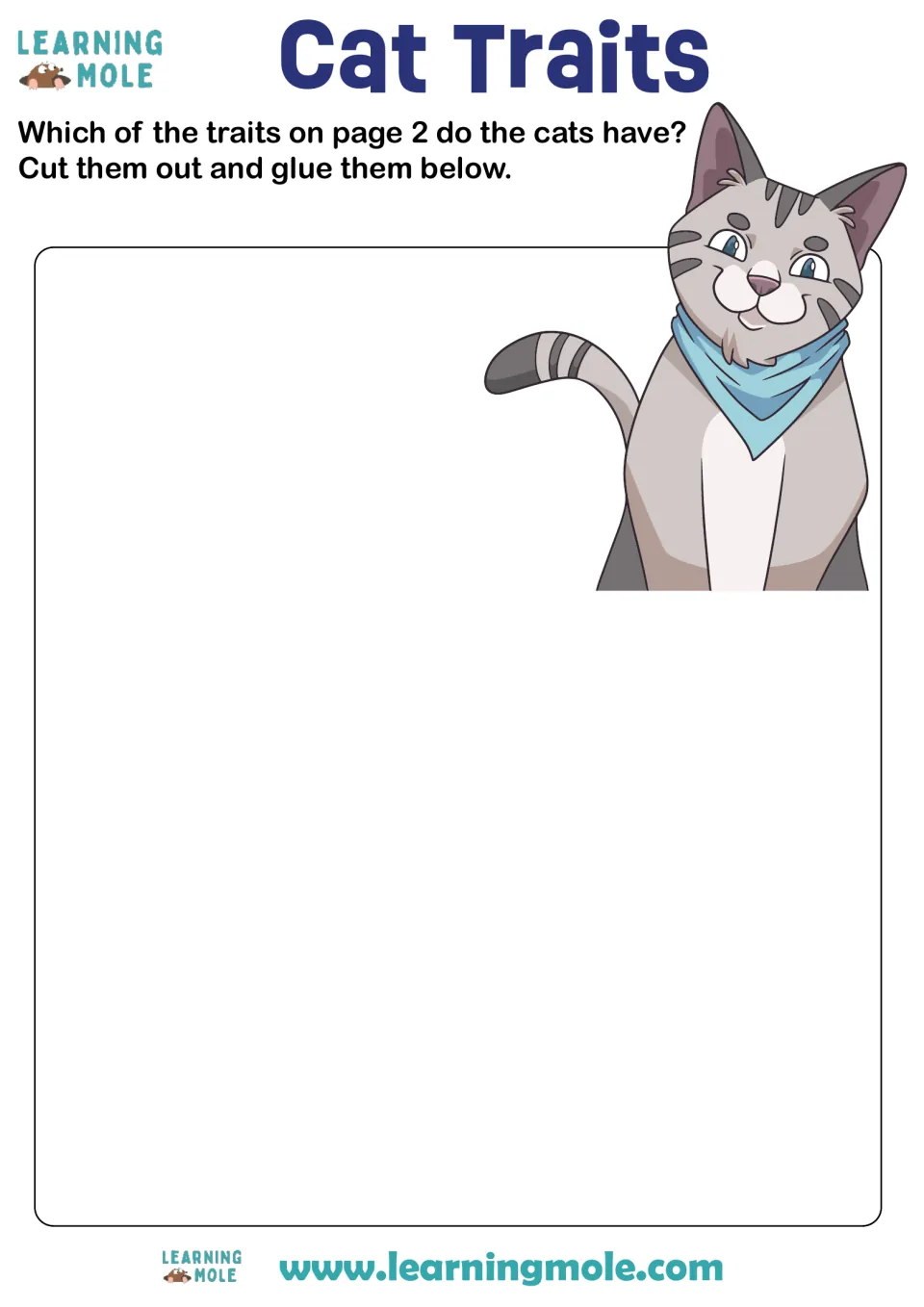 Cat Traits: students decide which traits from page 2 fit the cats, then cut them out and glue them here
