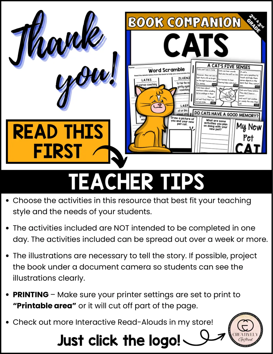 Teacher tips for a Cats book companion: spread activities over a week and project the book's illustrations