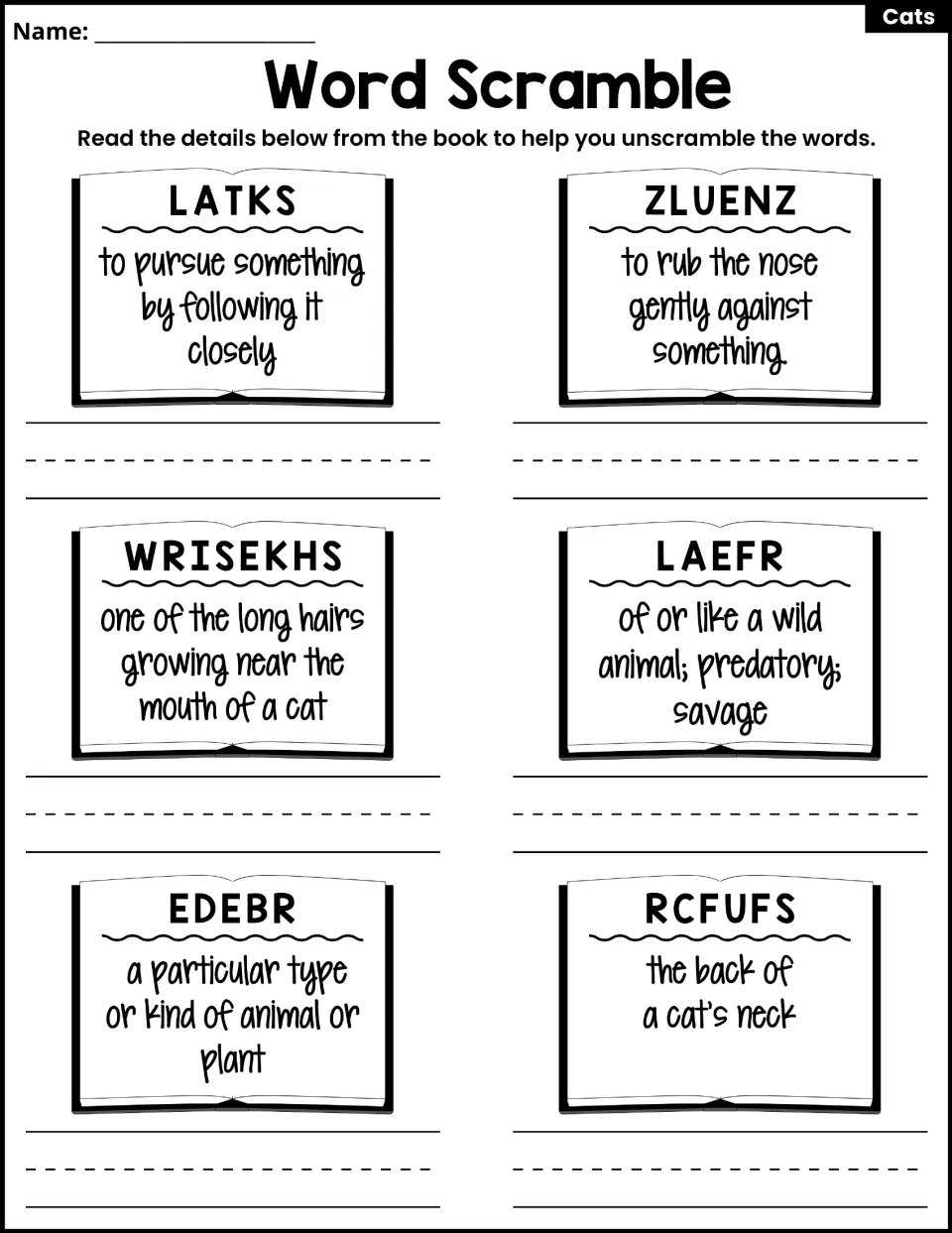 Word Scramble: students use definitions from the book to unscramble six words such as LATKS, ZLUENZ and RCFUFS