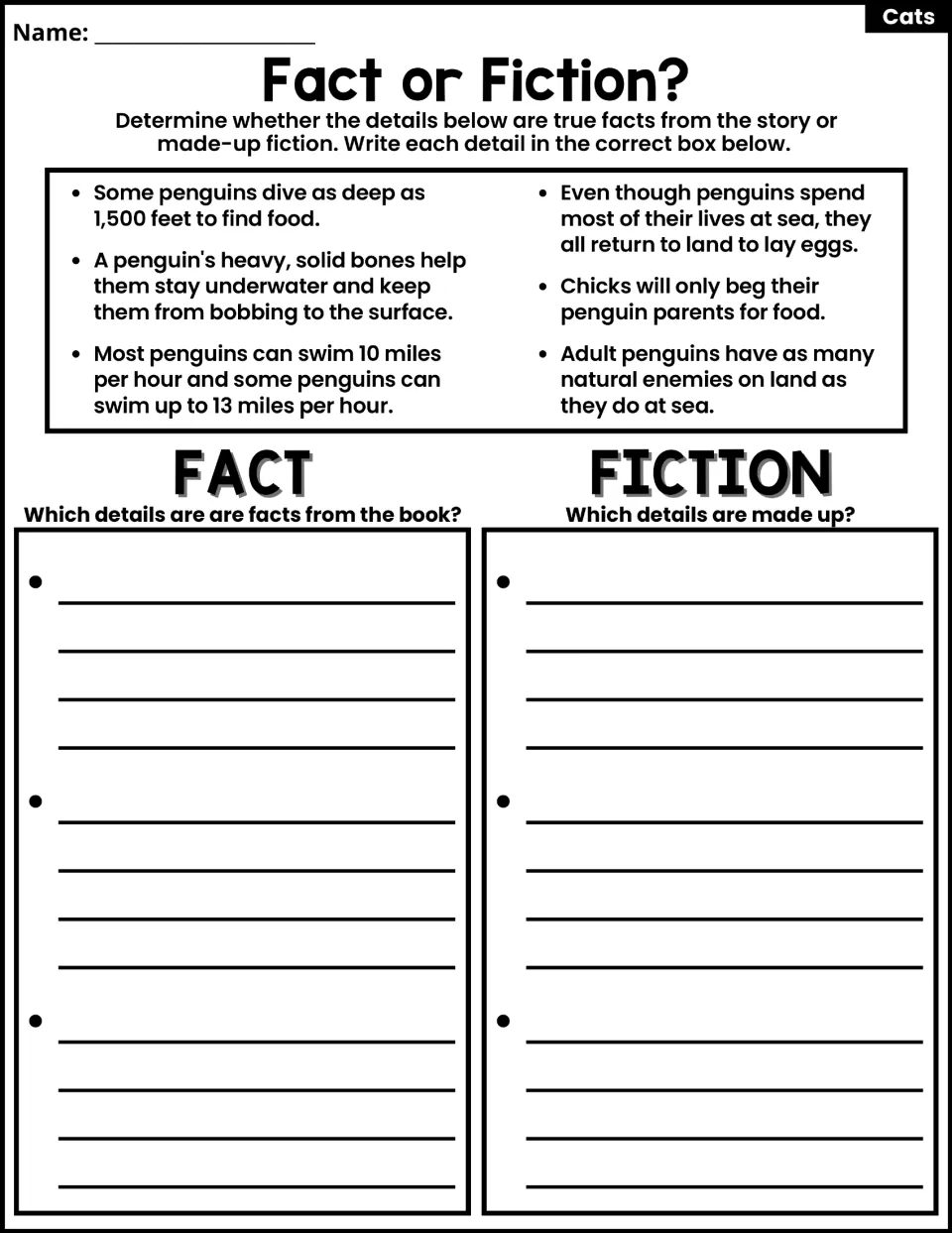 Fact or Fiction?: students sort six penguin details, such as diving 1,500 feet, into Fact and Fiction lists