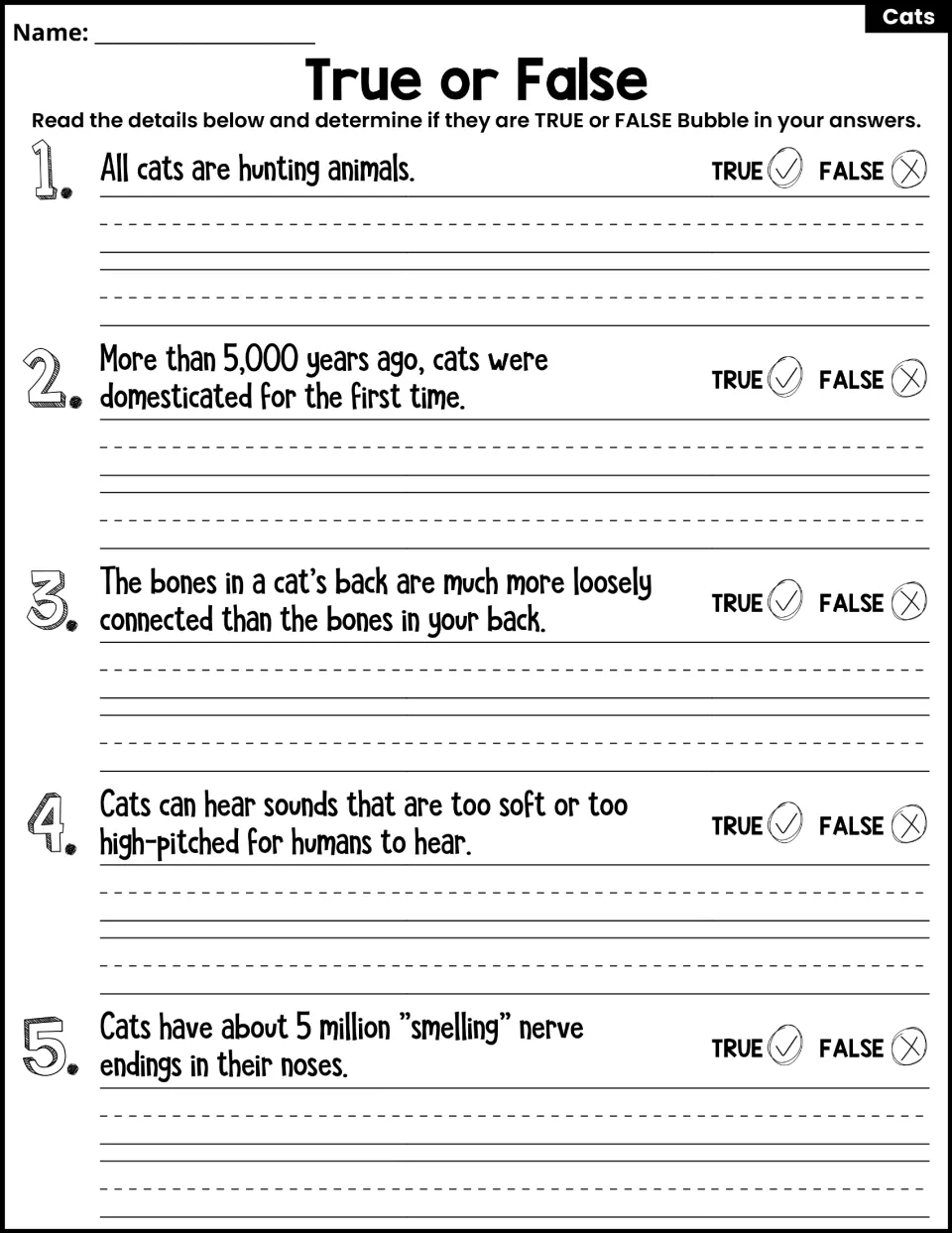 True or False part 1: students judge cat statements 1 to 5 and rewrite the false ones to make them correct