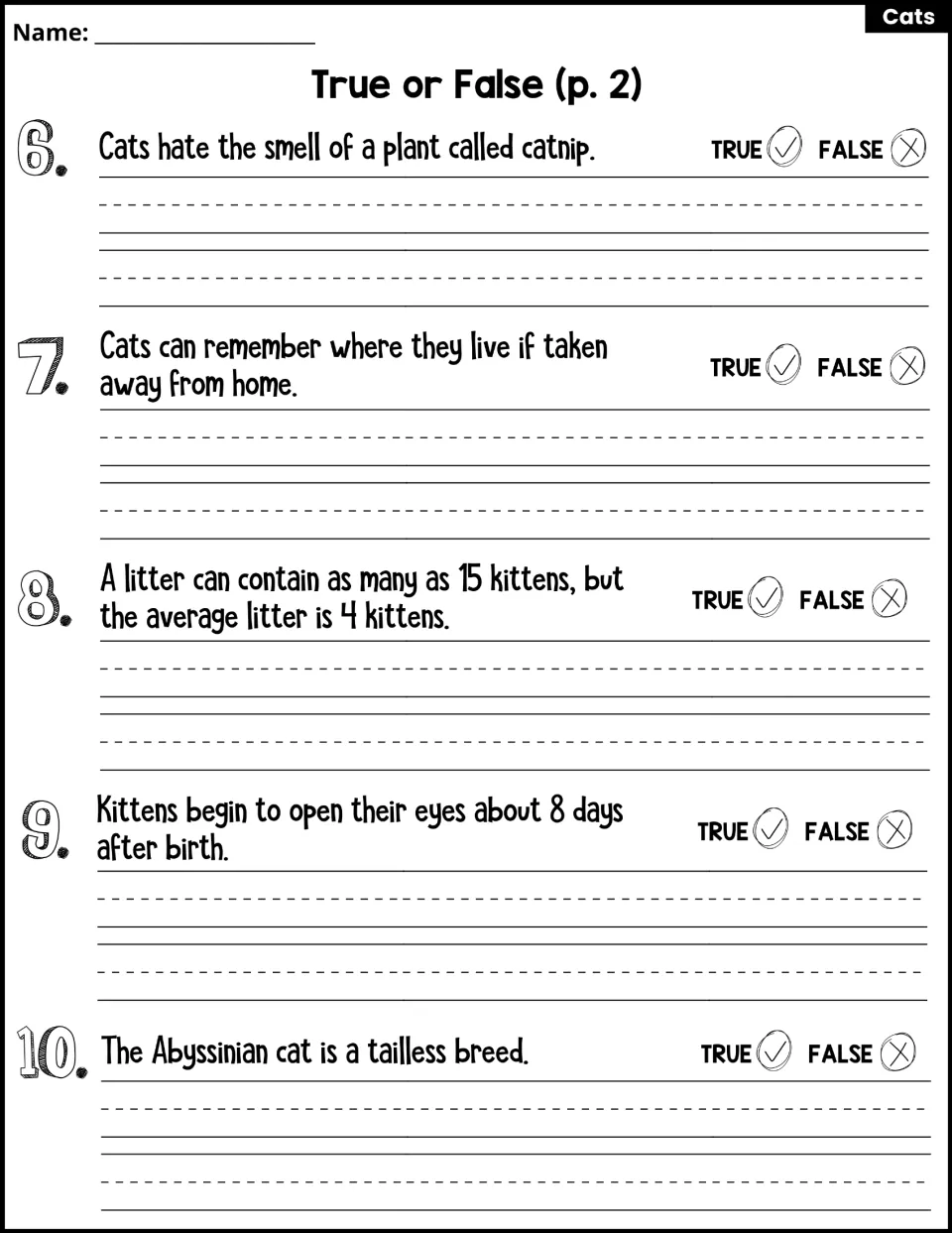 True or False p. 2: students judge cat statements 6 to 10, on catnip, litters and kitten eyes, and correct false ones