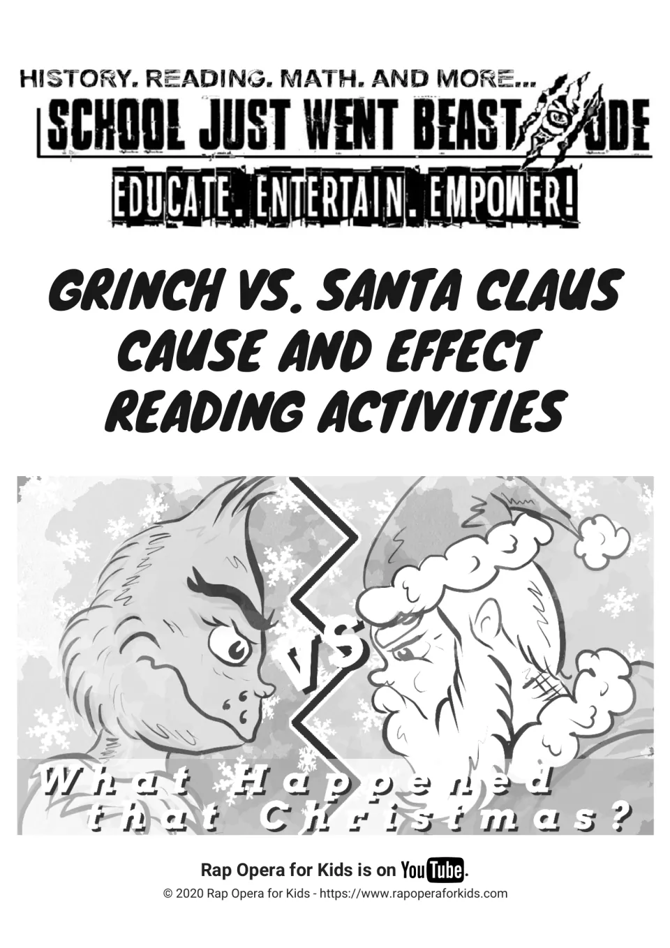 Cover: Grinch vs. Santa Claus cause and effect reading activities, showing the Grinch and Santa face to face under a VS