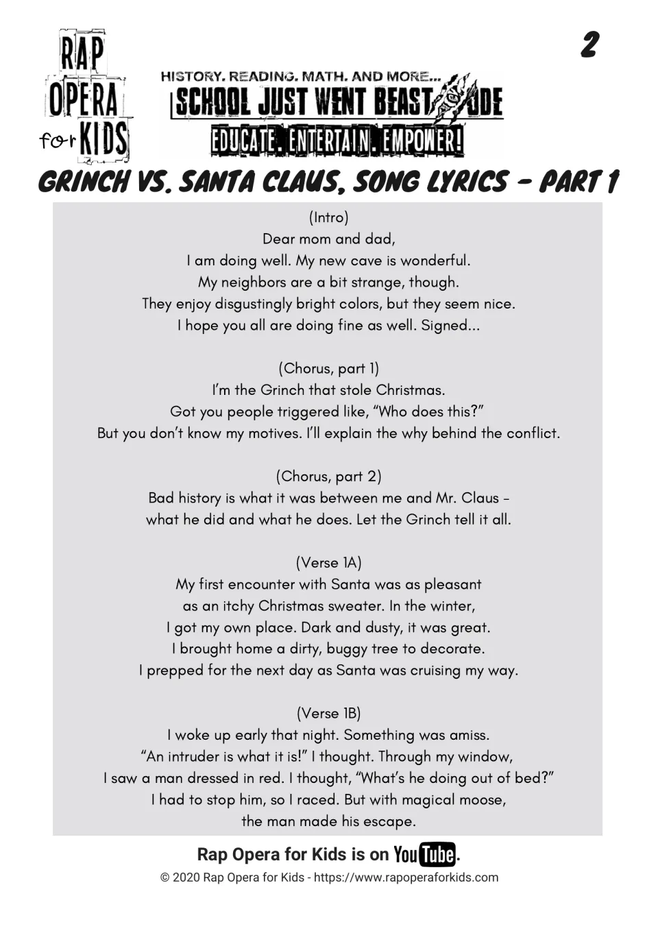 Song lyrics part 1: the Grinch's letter home, chorus and verses telling how he spotted a man in red and chased him