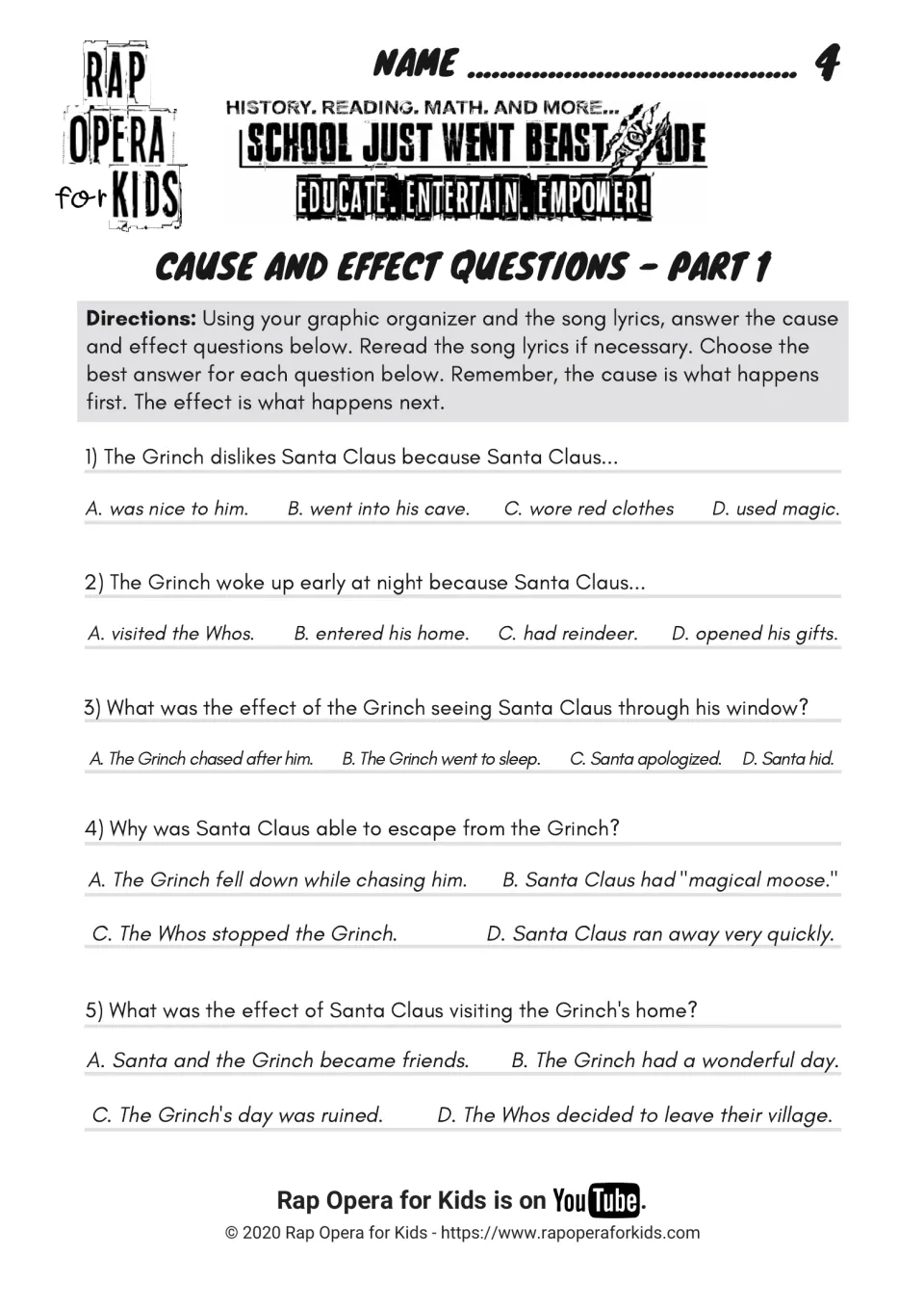 Cause and effect questions part 1: students answer five multiple-choice items on why the Grinch dislikes and chases Santa