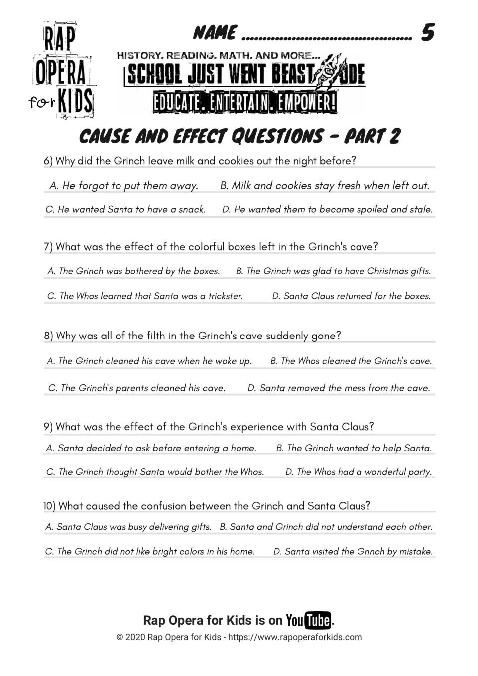 Cause and effect questions part 2: multiple-choice items 6-10 on milk and cookies, colorful boxes, missing filth
