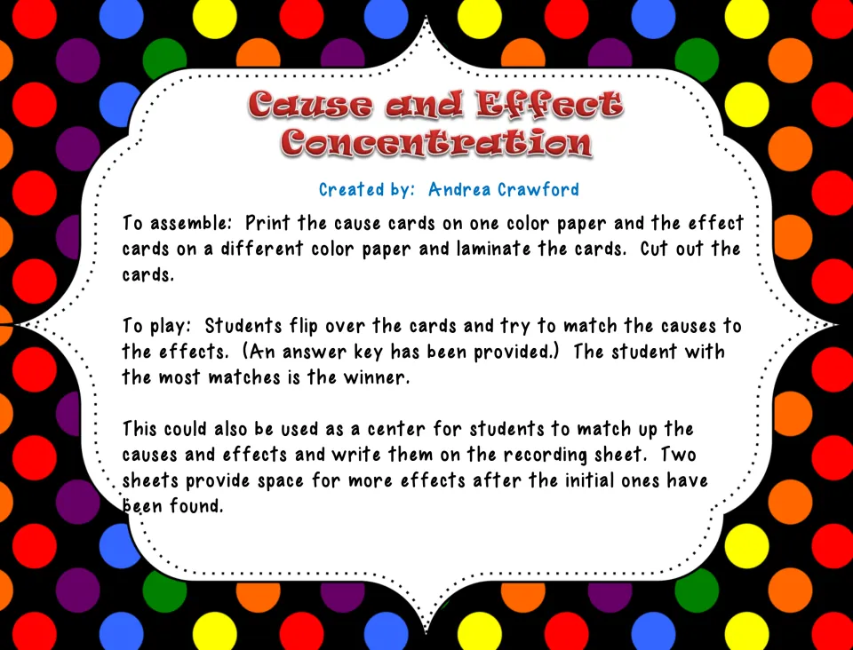 Game directions explain printing cards on two colors, matching causes to effects, and using recording sheets