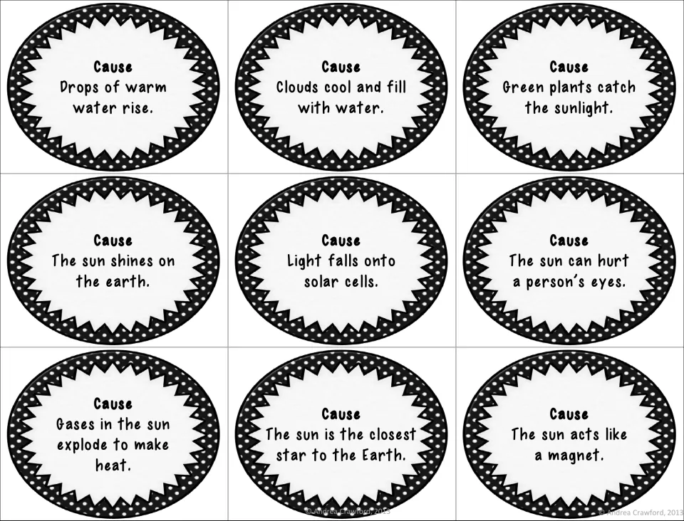 Science cause cards 1–9 cover rising warm water, clouds filling with water, plants catching sunlight, and more