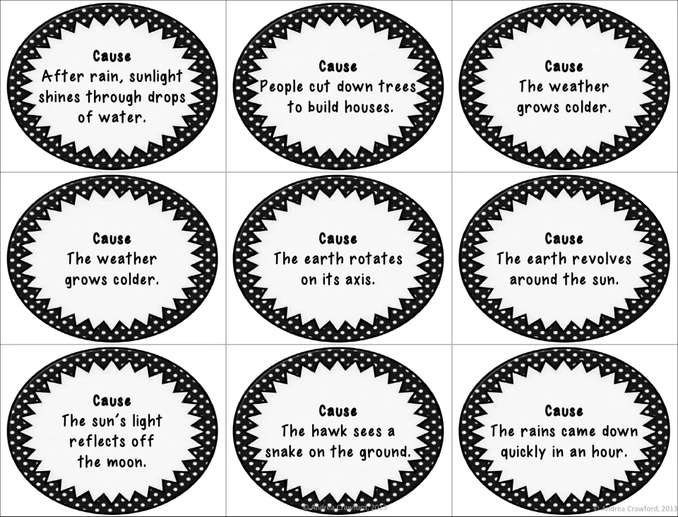 Science cause cards 10–18 cover sunlight after rain, cutting down trees, colder weather, and Earth's movements