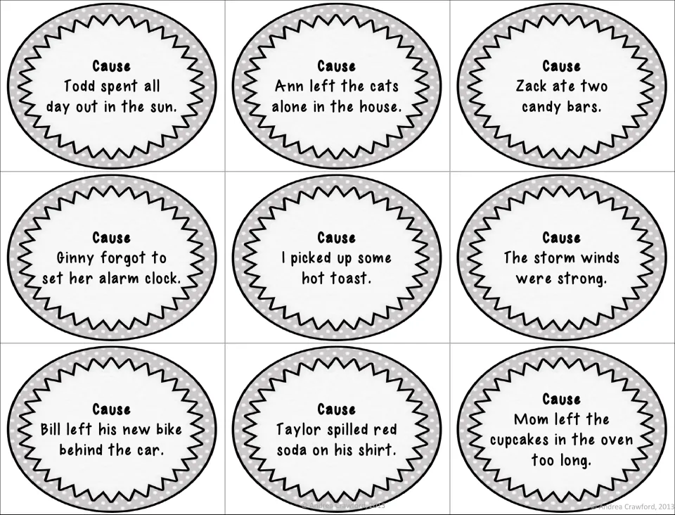 Everyday-life cause cards 1–9 include Todd in the sun, cats left alone, candy bars, and a forgotten alarm