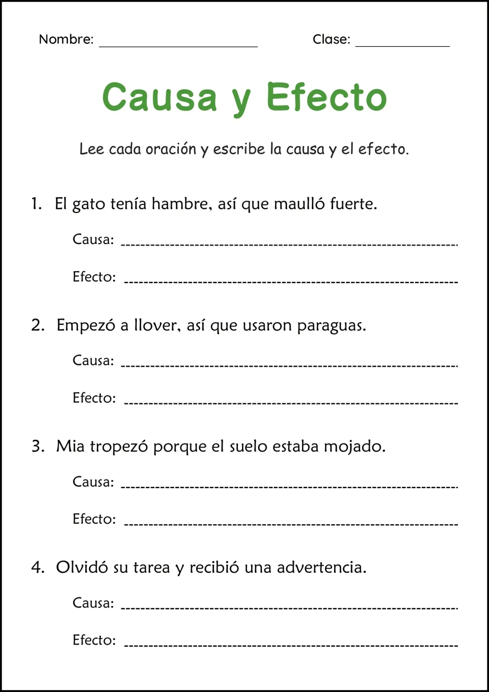 Spanish cause-and-effect practice: a hungry cat, rain and umbrellas, Mia tripping, and forgotten homework