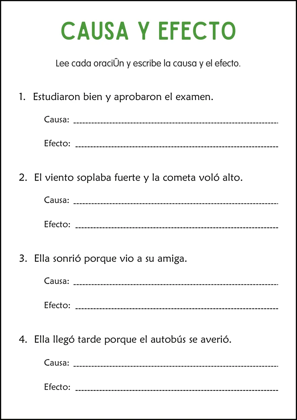 Spanish cause-and-effect practice: studying, wind lifting a kite, seeing a friend, and a bus breaking down