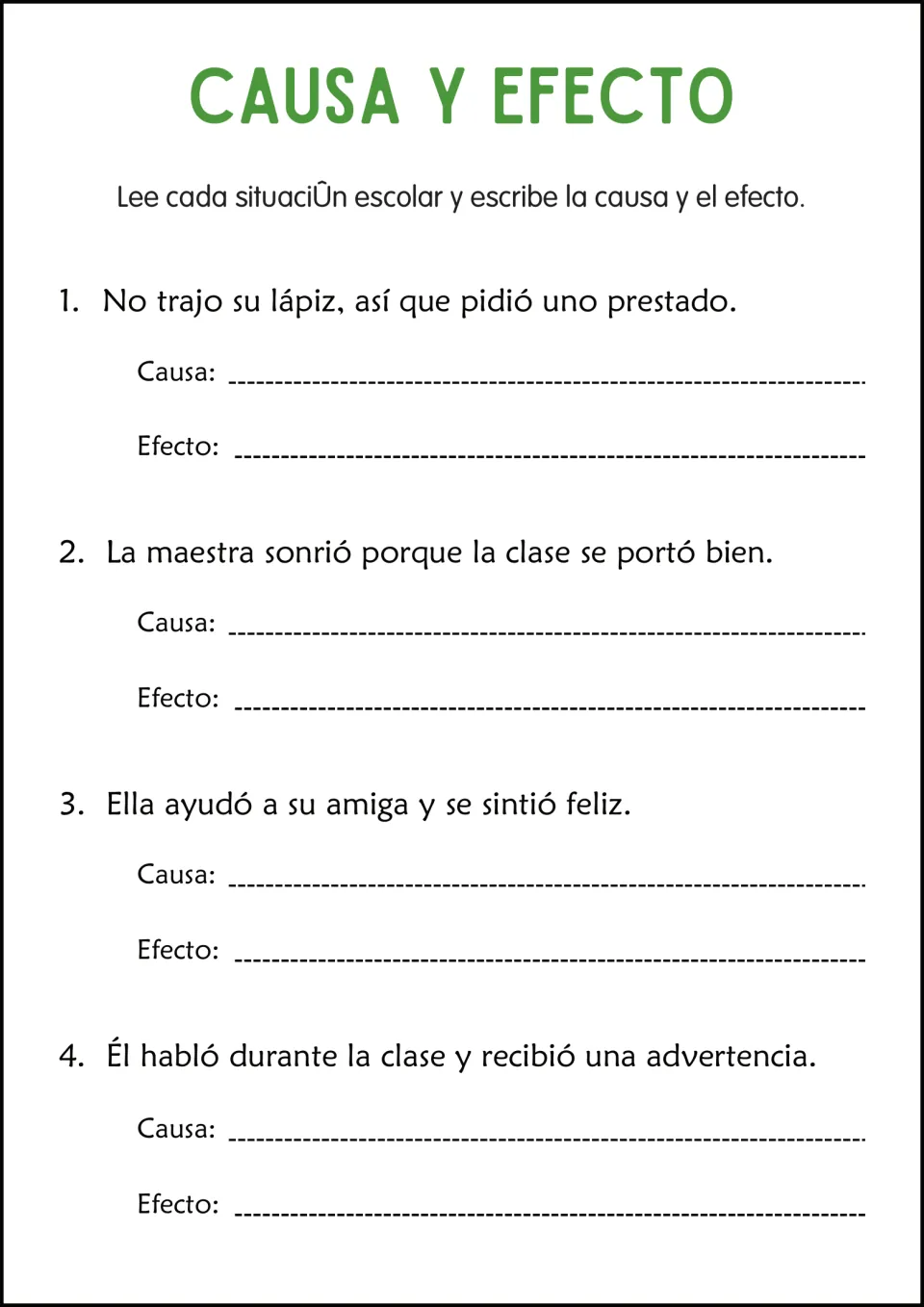 Spanish cause-and-effect practice: borrowing a pencil, good class behavior, helping a friend, and talking