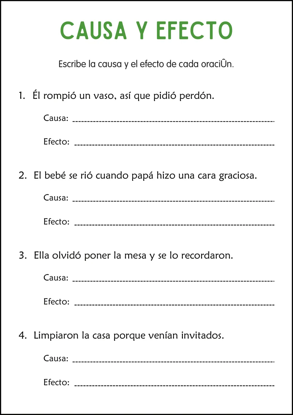 Spanish cause-and-effect practice: a broken glass, a laughing baby, setting the table, and visiting guests