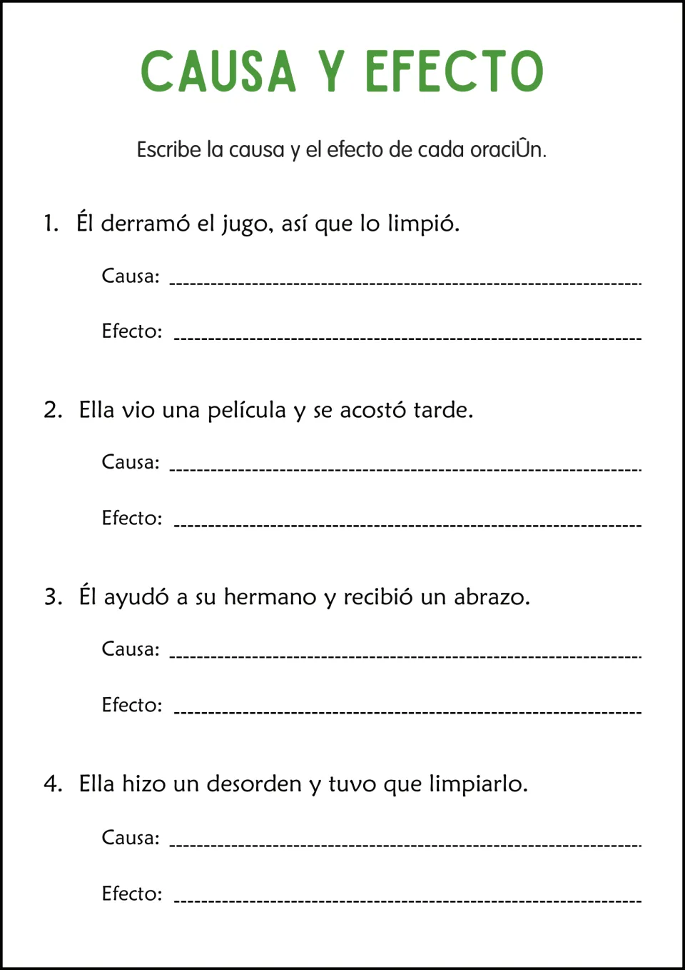 Spanish cause-and-effect practice: spilled juice, a late bedtime, helping a brother, and cleaning a mess