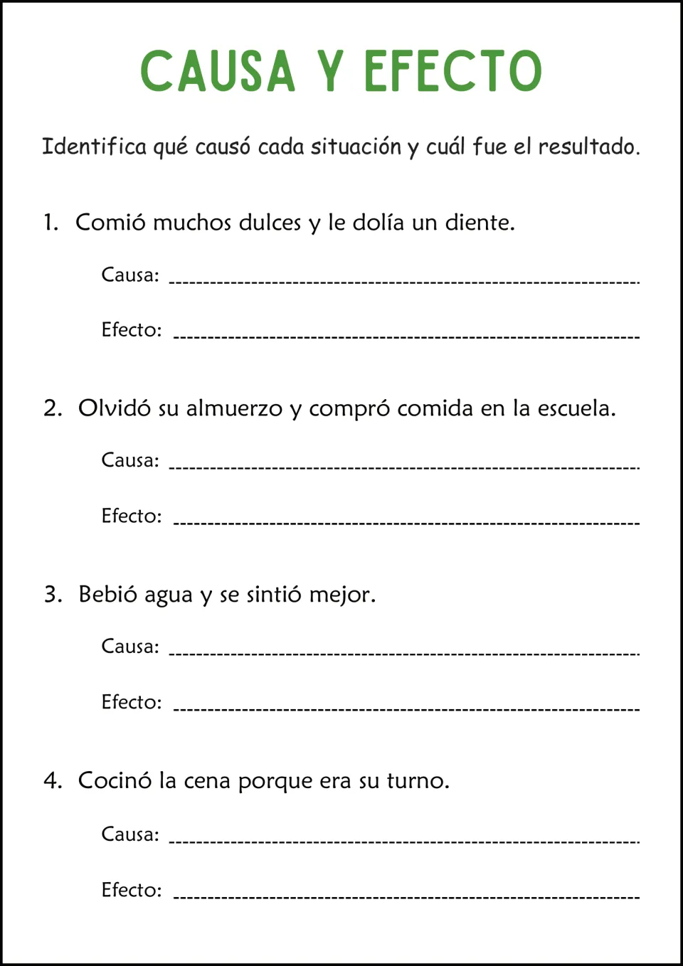 Spanish cause-and-effect practice: eating sweets, forgetting lunch, drinking water, and cooking dinner