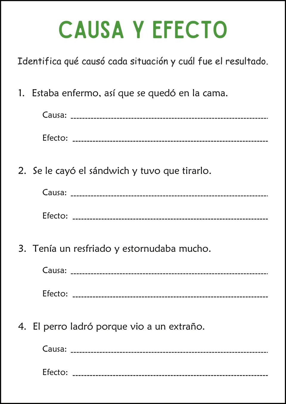 Spanish cause-and-effect practice: staying in bed, dropping a sandwich, sneezing, and a dog barking