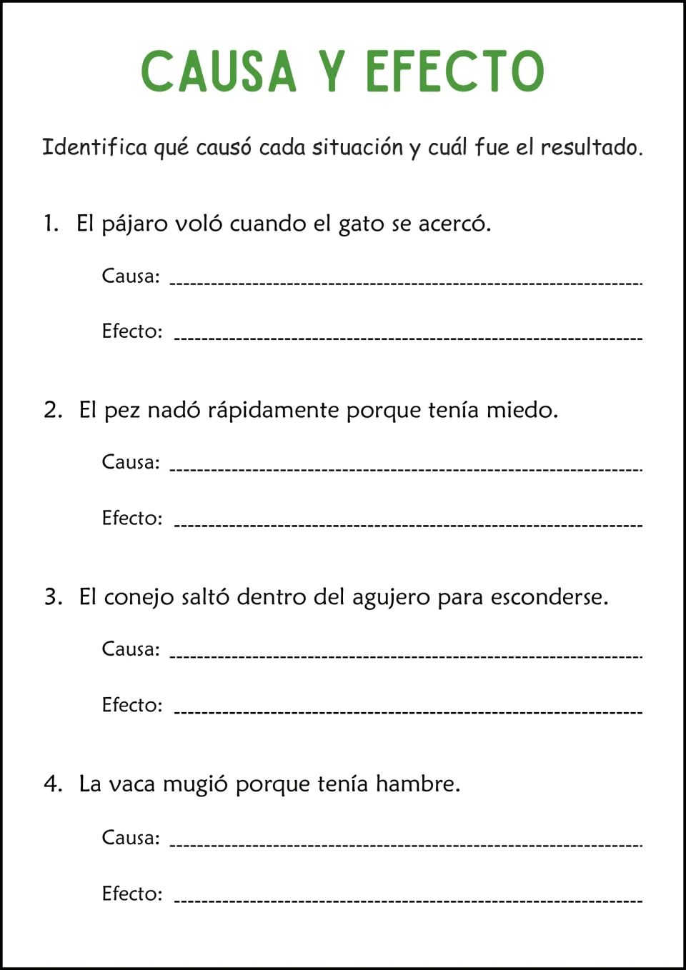 Spanish cause-and-effect practice: a bird flying away, a frightened fish, a hiding rabbit, and a hungry cow