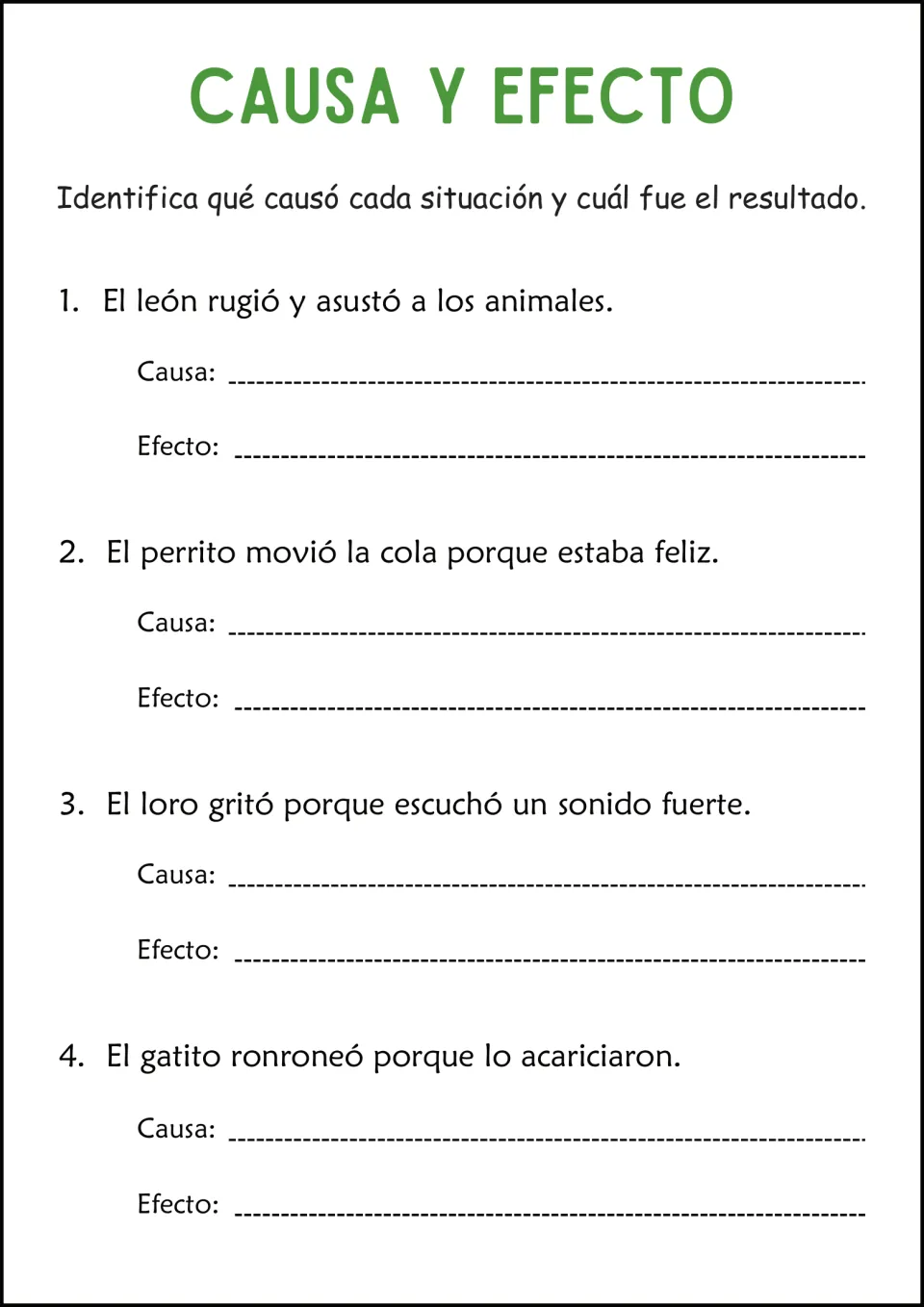 Spanish cause-and-effect practice: a roaring lion, a happy puppy, a shouting parrot, and a purring kitten