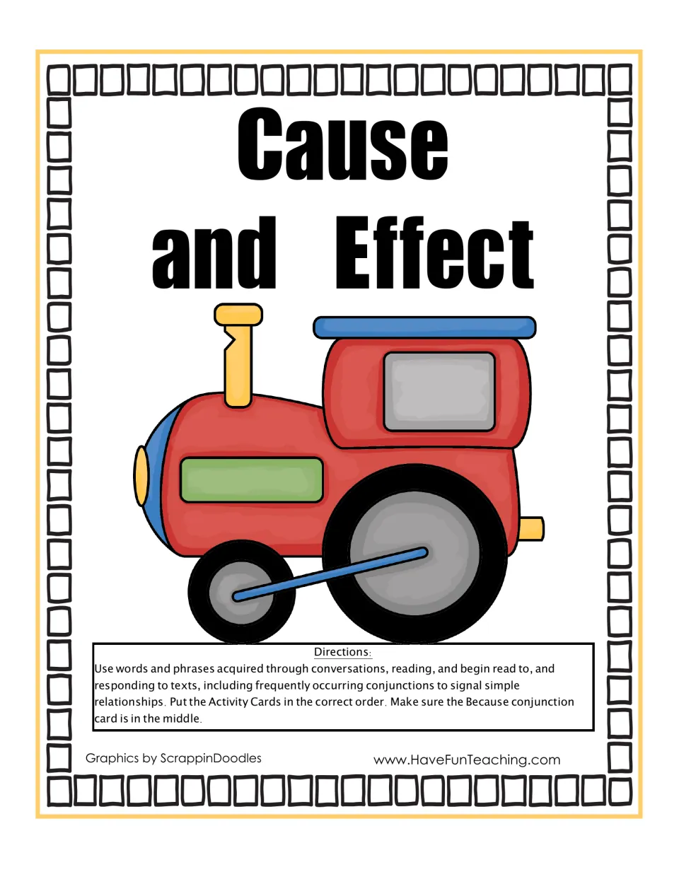 Cause and Effect cover with a red train and directions to order the activity cards with the because card in the middle