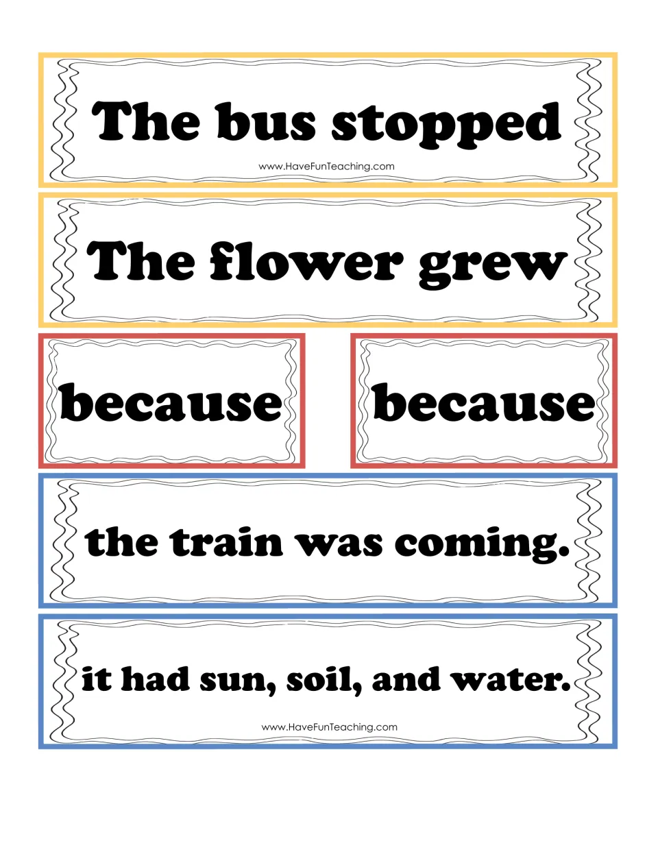 Because sentence cards: students order The bus stopped, The flower grew, the train was coming, it had sun, soil, and water
