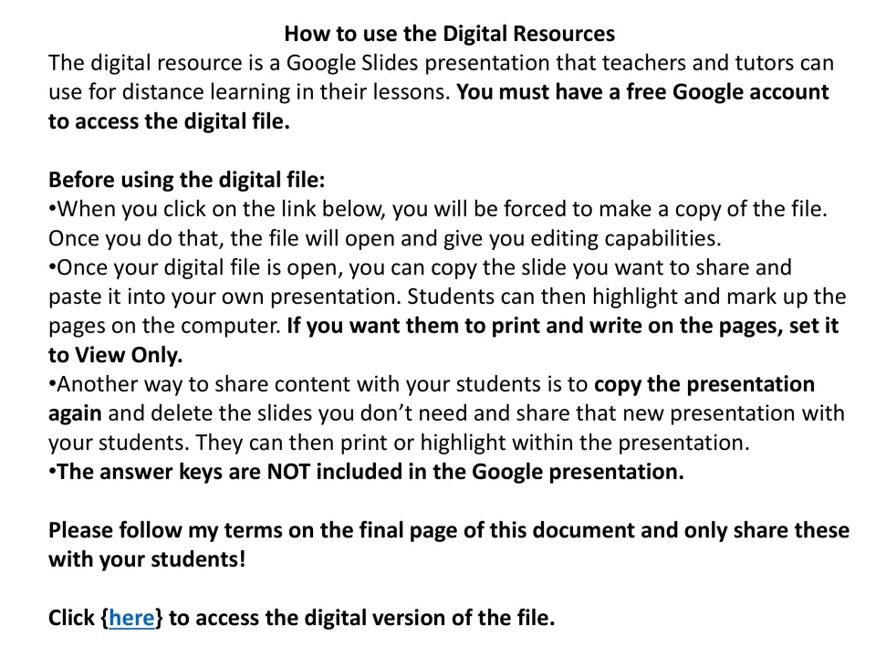 Digital resource instructions explain copying and sharing Google Slides; answer keys are not included