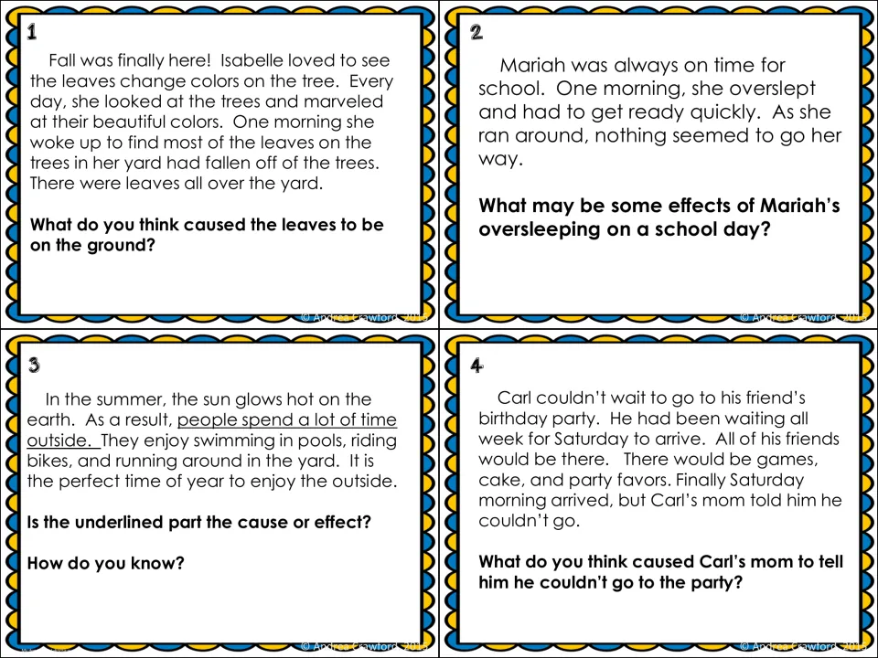 Cause-and-effect cards 1–4 ask about fallen leaves, oversleeping, summer activities, and a missed party