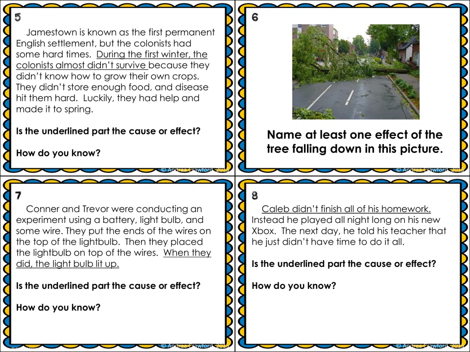 Cause-and-effect cards 5–8 cover Jamestown, a fallen-tree photo, a light bulb experiment, and unfinished homework