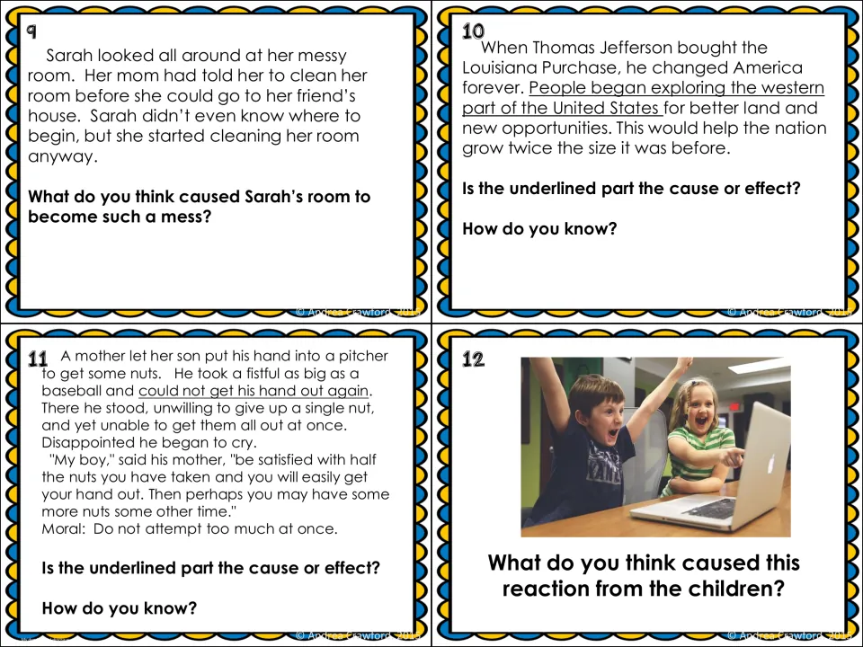 Cause-and-effect cards 9–12 feature a messy room, the Louisiana Purchase, a nut pitcher, and excited children